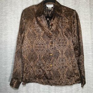 Erena Petite 100% Silk Brown Paisley Women's Button Up Blouse Size M
